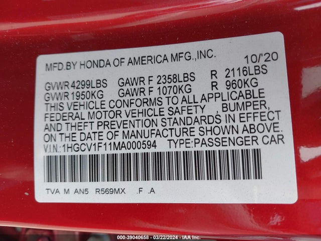 Honda ACCORD LX 2021 1HGCV1F11MA000594 Image 9