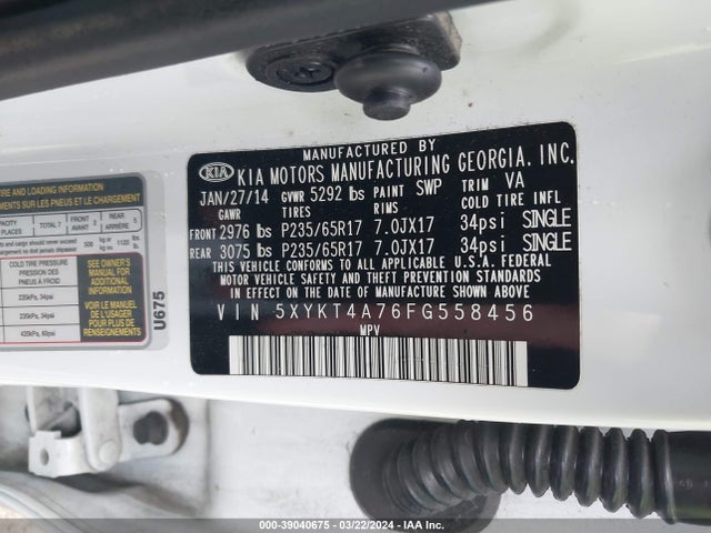KIA Sorento Lx V6 2015 5XYKT4A76FG558456 Image 9