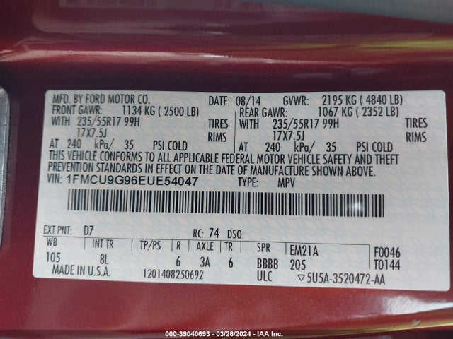 Ford ESCAPE SE 2014 1FMCU9G96EUE54047 Image 9