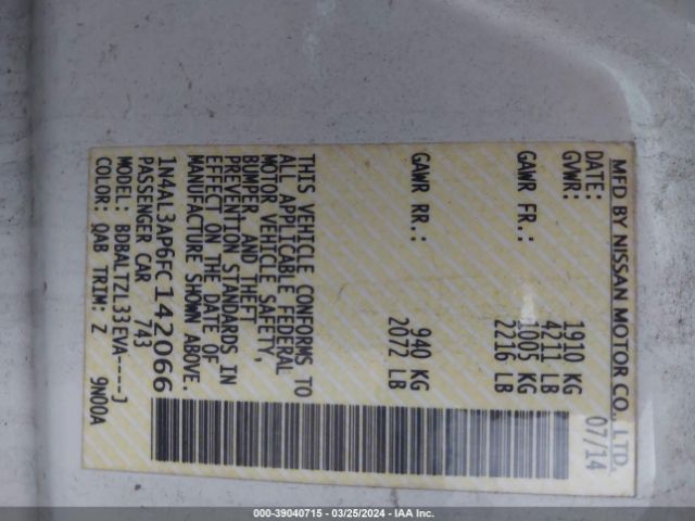 1N4AL3AP6FC142066 Nissan Altima 2.5 Sl