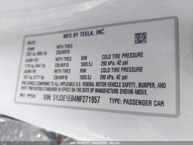 Tesla Model 3 Long Range Dual Motor All-wheel Drive 2022 5YJ3E1EB4NF271957 Image 9