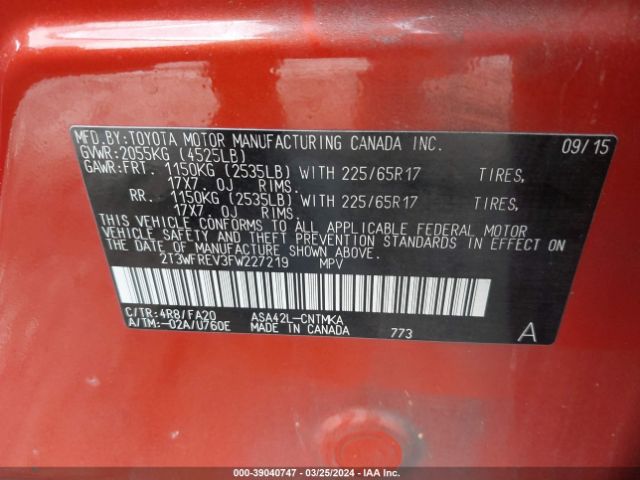 2T3WFREV3FW227219 Toyota Rav4 Xle