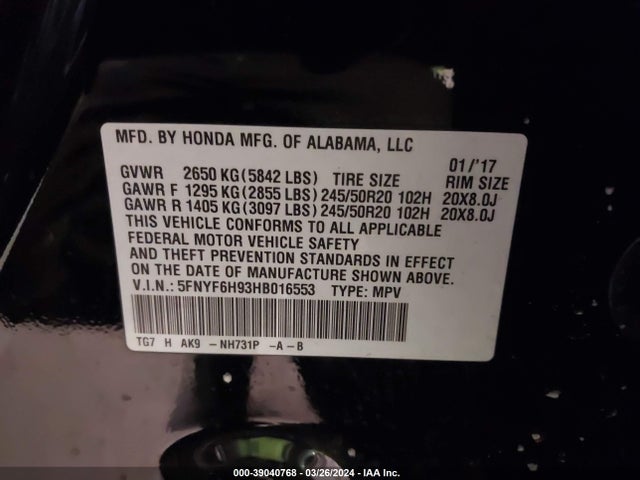 Honda Pilot Touring 2017 5FNYF6H93HB016553 Image 17