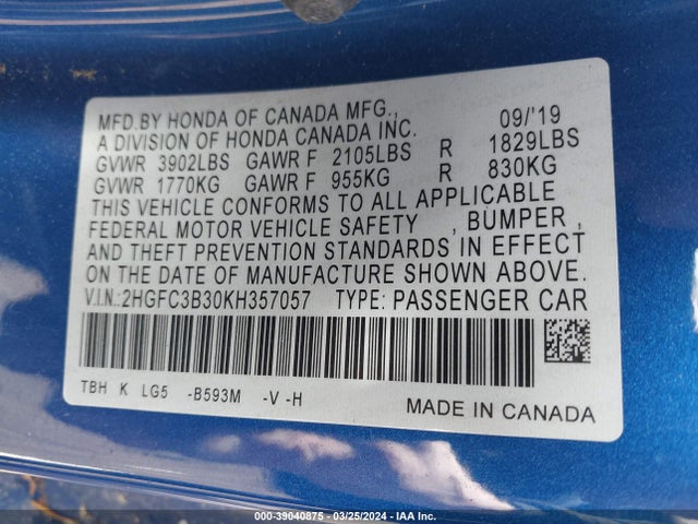 Honda CIVIC EX 2019 2HGFC3B30KH357057 Image 9
