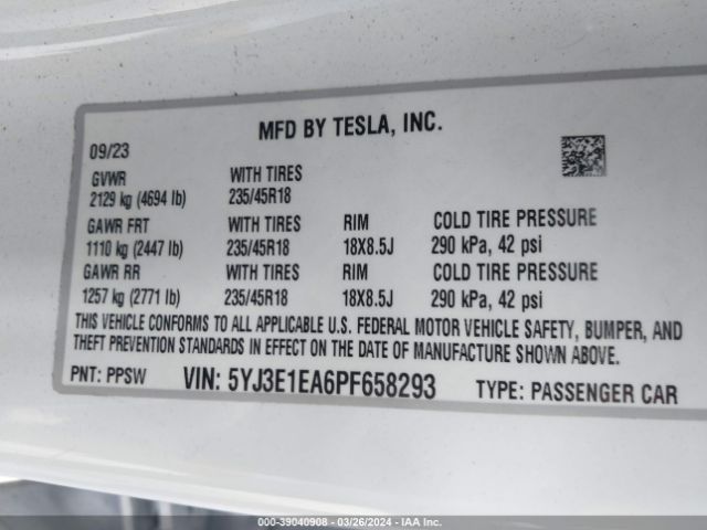 5YJ3E1EA6PF658293 Tesla Model 3 Rear-wheel Drive