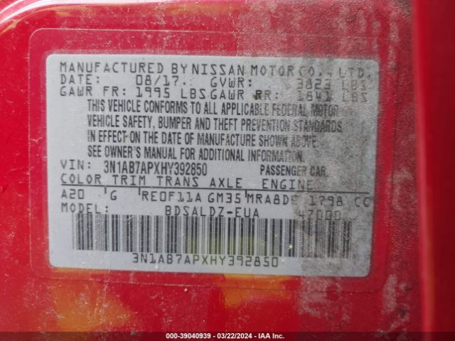 3N1AB7APXHY392850 Nissan SENTRA SV