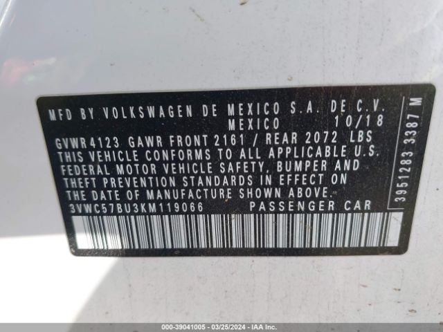 3VWC57BU3KM119066 Volkswagen Jetta 1.4t R-line/1.4t S/1.4t Se