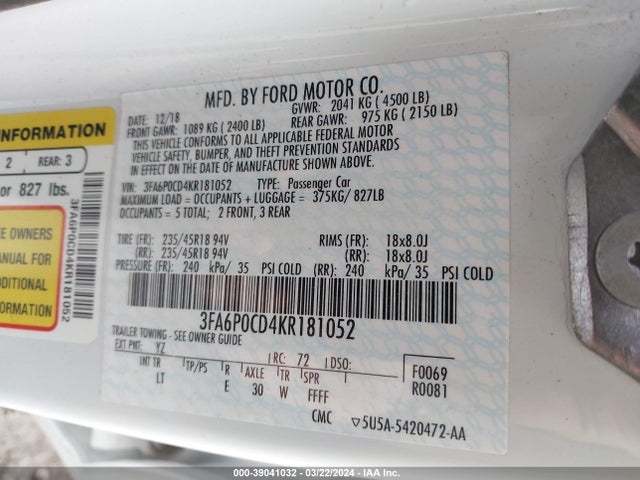 Ford FUSION SEL 2019 3FA6P0CD4KR181052 Image 9