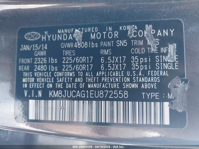Hyundai TUCSON SE 2014 KM8JUCAG1EU872558 Image 9