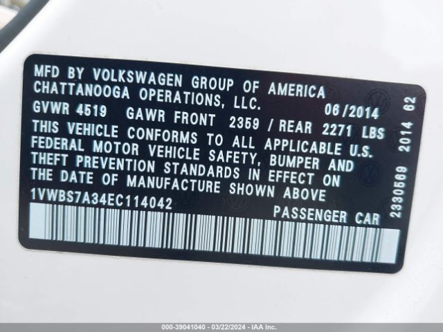 1VWBS7A34EC114042 Volkswagen Passat 1.8t Se