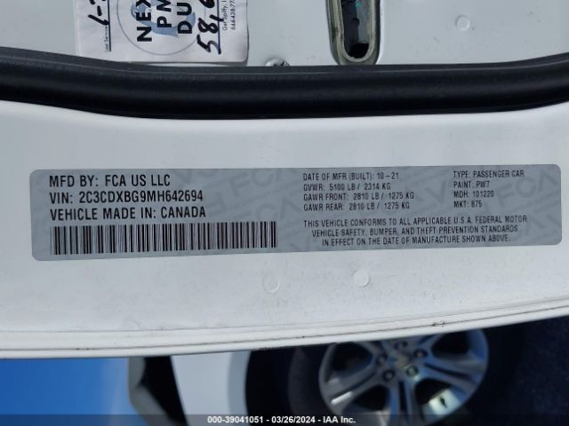 2C3CDXBG9MH642694 Dodge Charger Sxt Rwd