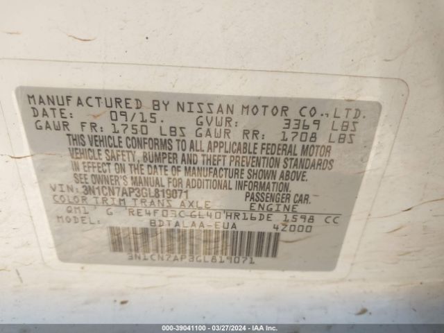 3N1CN7AP3GL819071 Nissan Versa 1.6 S