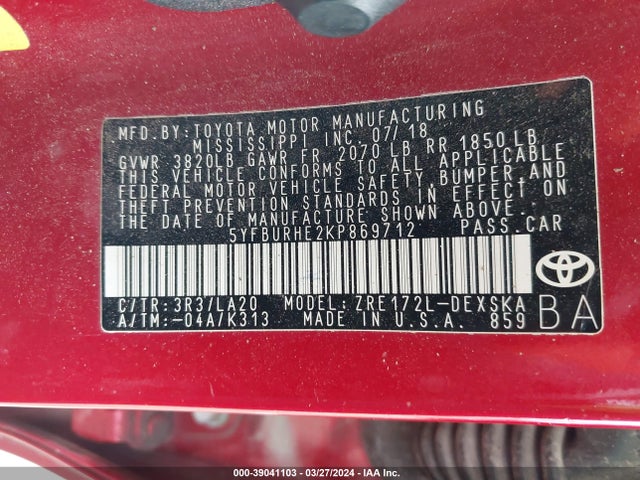 Toyota Corolla Xse 2019 5YFBURHE2KP869712 Image 9