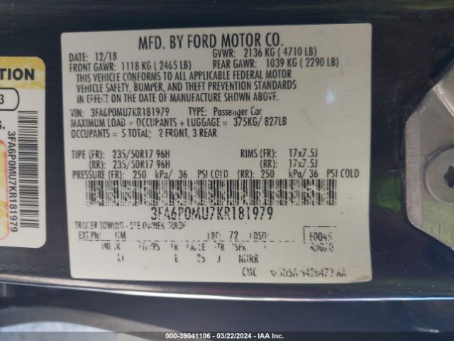 3FA6P0MU7KR181979 Ford Fusion Hybrid Sel