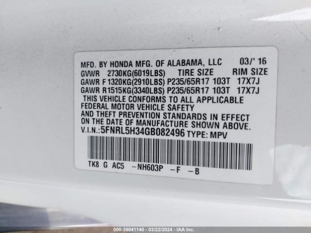 5FNRL5H34GB082496 Honda ODYSSEY SE
