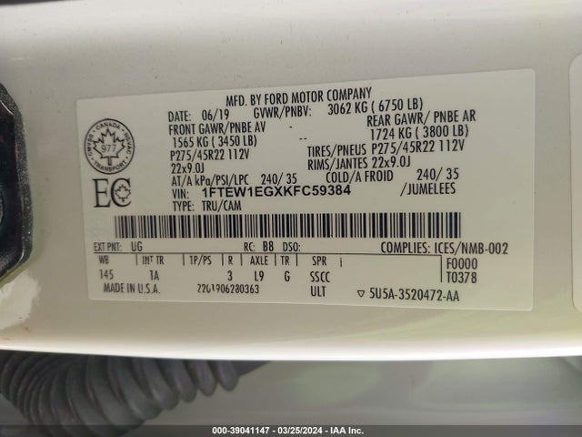 Ford F-150 Limited 2019 1FTEW1EGXKFC59384 Image 9