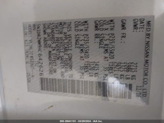 Nissan Pathfinder Platinum 2017 5N1DR2MM9HC642626 Image 9