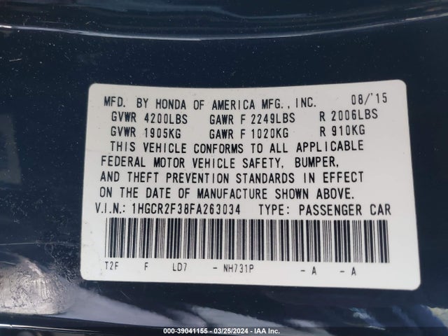 Honda ACCORD LX 2015 1HGCR2F38FA263034 Image 9