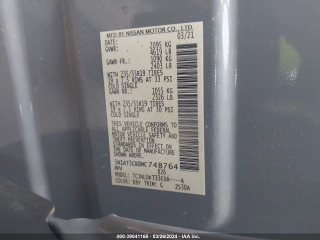 5N1AT3CB8MC748764 Nissan Rogue Sl Intelligent Awd