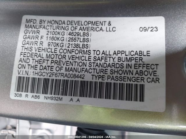1HGCY2F67RA008442 Honda Accord Hybrid Ex-l