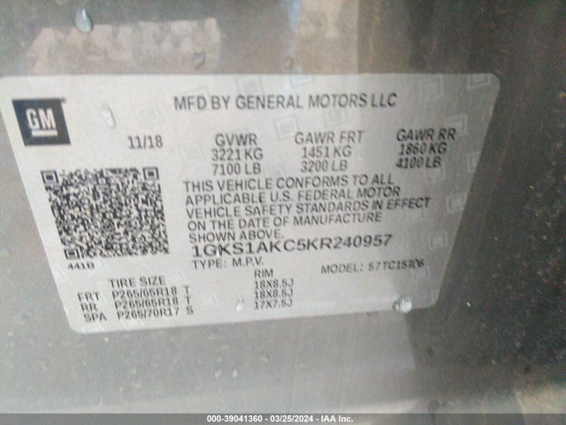 GMC YUKON SLE 2019 1GKS1AKC5KR240957 Image 9