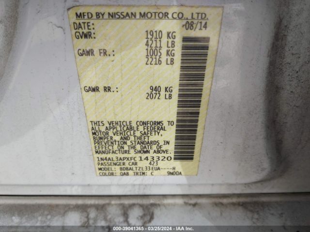 1N4AL3APXFC143320 Nissan Altima 2.5 Sl
