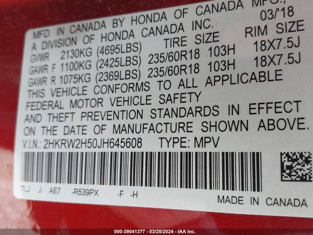 Honda CR-V EX 2018 2HKRW2H50JH645608 Image 9