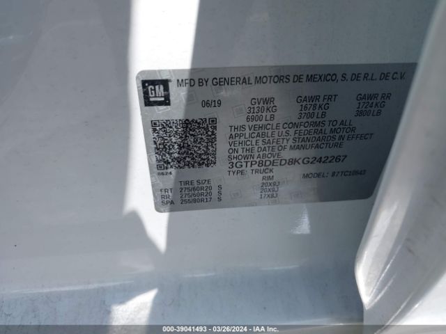 3GTP8DED8KG242267 GMC Sierra 1500 Slt