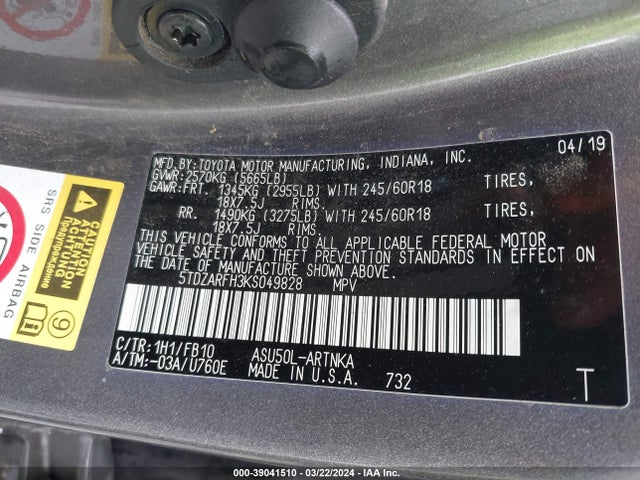 Toyota Highlander Le 2019 5TDZARFH3KS049828 Image 9