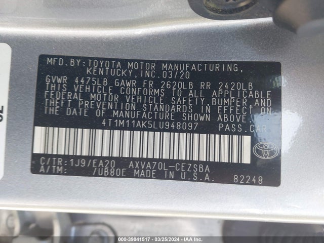 Toyota CAMRY SE 2020 4T1M11AK5LU948097 Image 9