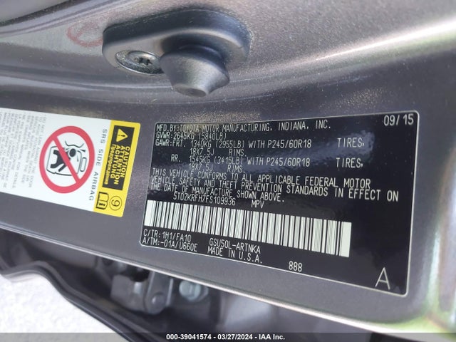 Toyota Highlander Le Plus V6 2015 5TDZKRFH7FS109936 Image 9