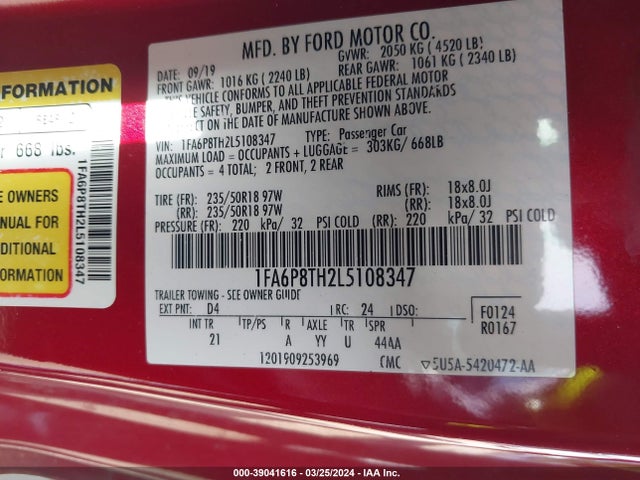 Ford Mustang Ecoboost Fastback 2020 1FA6P8TH2L5108347 Image 9