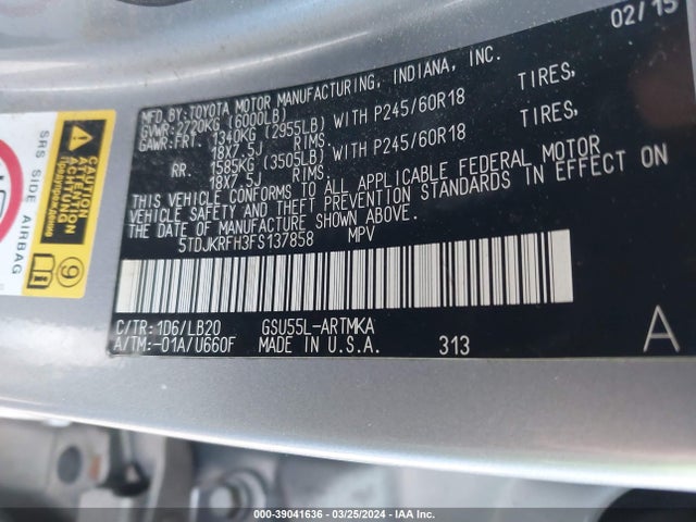 Toyota Highlander Xle V6 2015 5TDJKRFH3FS137858 Image 9