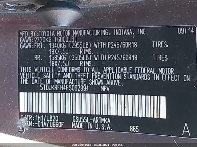 Toyota Highlander Xle V6 2015 5TDJKRFH4FS092994 Image 9