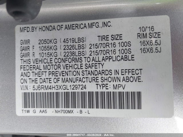 Honda CR-V LX 2016 5J6RM4H3XGL129724 Image 9