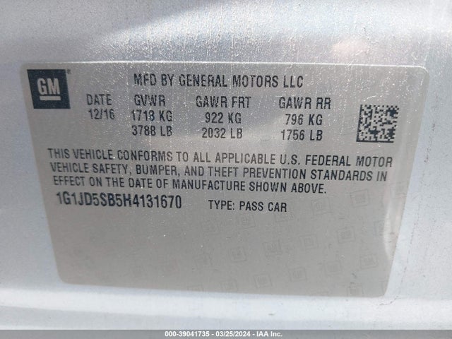 Chevrolet Sonic Lt Auto 2017 1G1JD5SB5H4131670 Image 9