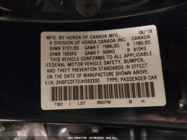 Honda CIVIC EX 2018 2HGFC2F72JH593330 Image 9