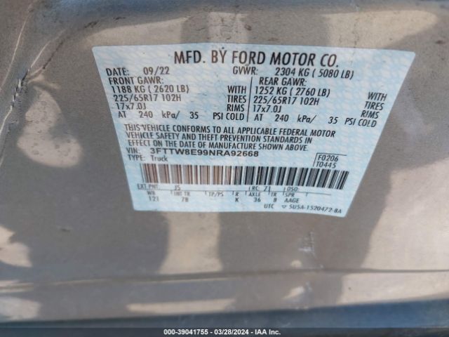 3FTTW8E99NRA92668 Ford Maverick Xlt
