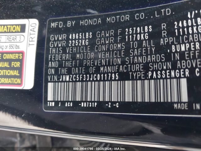 JHMZC5F33JC011795 Honda Clarity Plug-in Hybrid Touring