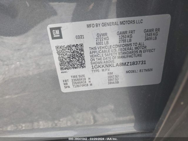 1GKKNKLA8MZ183731 GMC Acadia Fwd Sle
