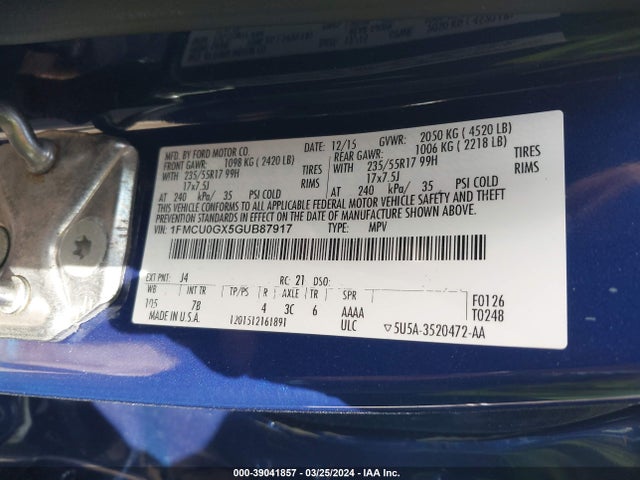 Ford ESCAPE SE 2016 1FMCU0GX5GUB87917 Image 9
