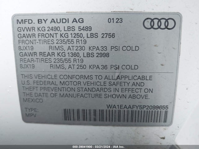 WA1EAAFY5P2099655 Audi Q5 Premium Plus 45 Tfsi S Line Quattro