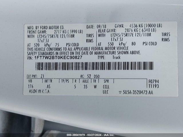 Ford F250 Super Duty 2019 1FT7W2BT0KEC90827 Image 9