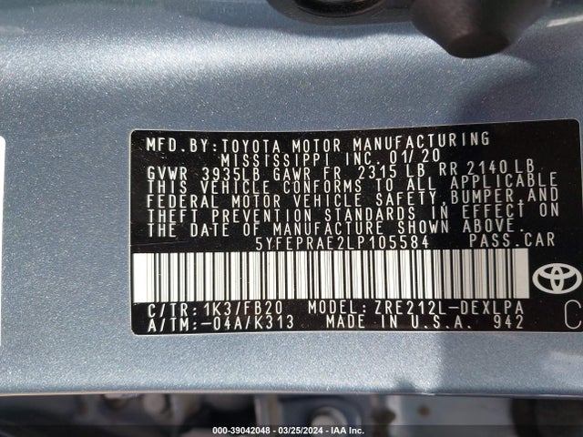 Toyota COROLLA LE 2020 5YFEPRAE2LP105584 Image 9