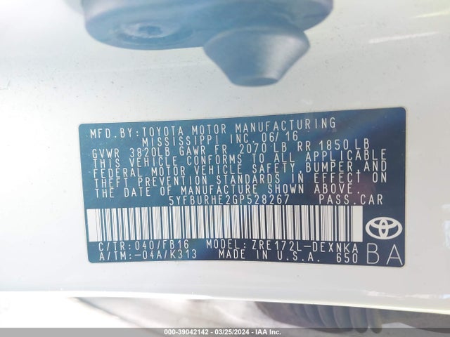 Toyota COROLLA LE 2016 5YFBURHE2GP528267 Image 9