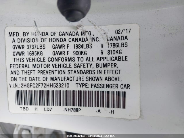 Honda CIVIC EX 2017 2HGFC2F72HH523210 Image 9