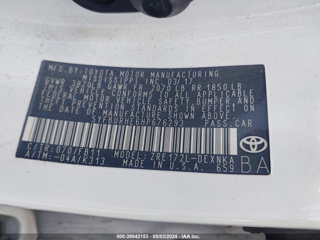 Toyota COROLLA LE 2017 5YFBURHE6HP676293 Image 9