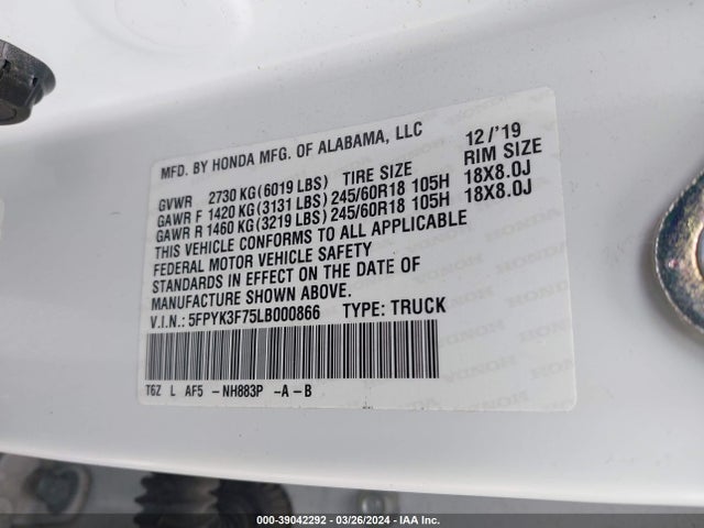 Honda Ridgeline Rtl-e 2020 5FPYK3F75LB000866 Image 9