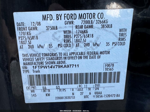 Aukcja sprzedaży 2009 Ford F-150 Fx4/king Ranch/lariat/platinum/xl/xlt, vin: 1FTPW14V79KA97711, numer aukcji: 39042329