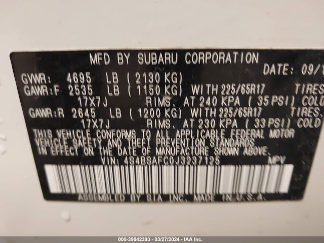 Subaru Outback 2.5i Premium 2018 4S4BSAFC0J3237125 Image 9